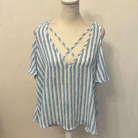 Lush blue white striped cold shoulder V neck blouse Size M EUC - Picture 1 of 8